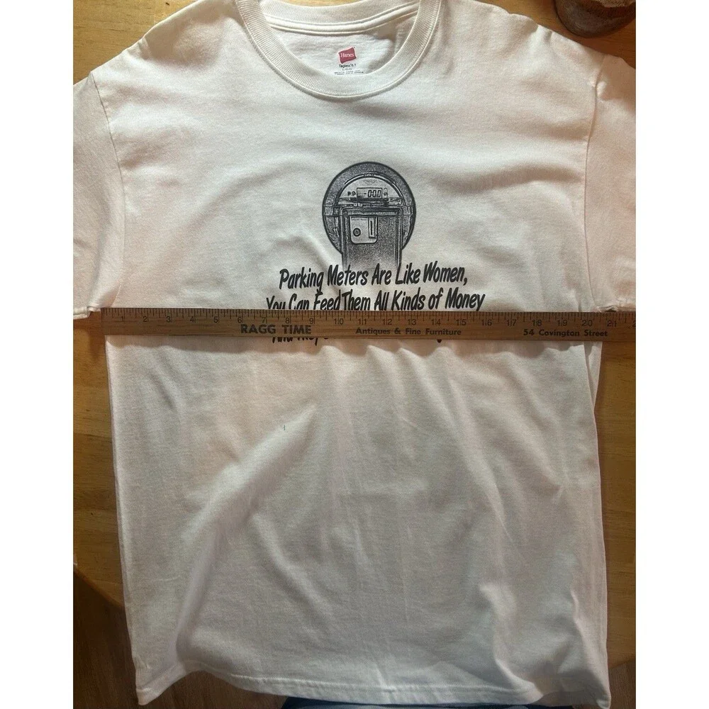 Hanes Sz L Funny Parking Meter Graphic T Shirt White 100% Cotton Humor T-shirt